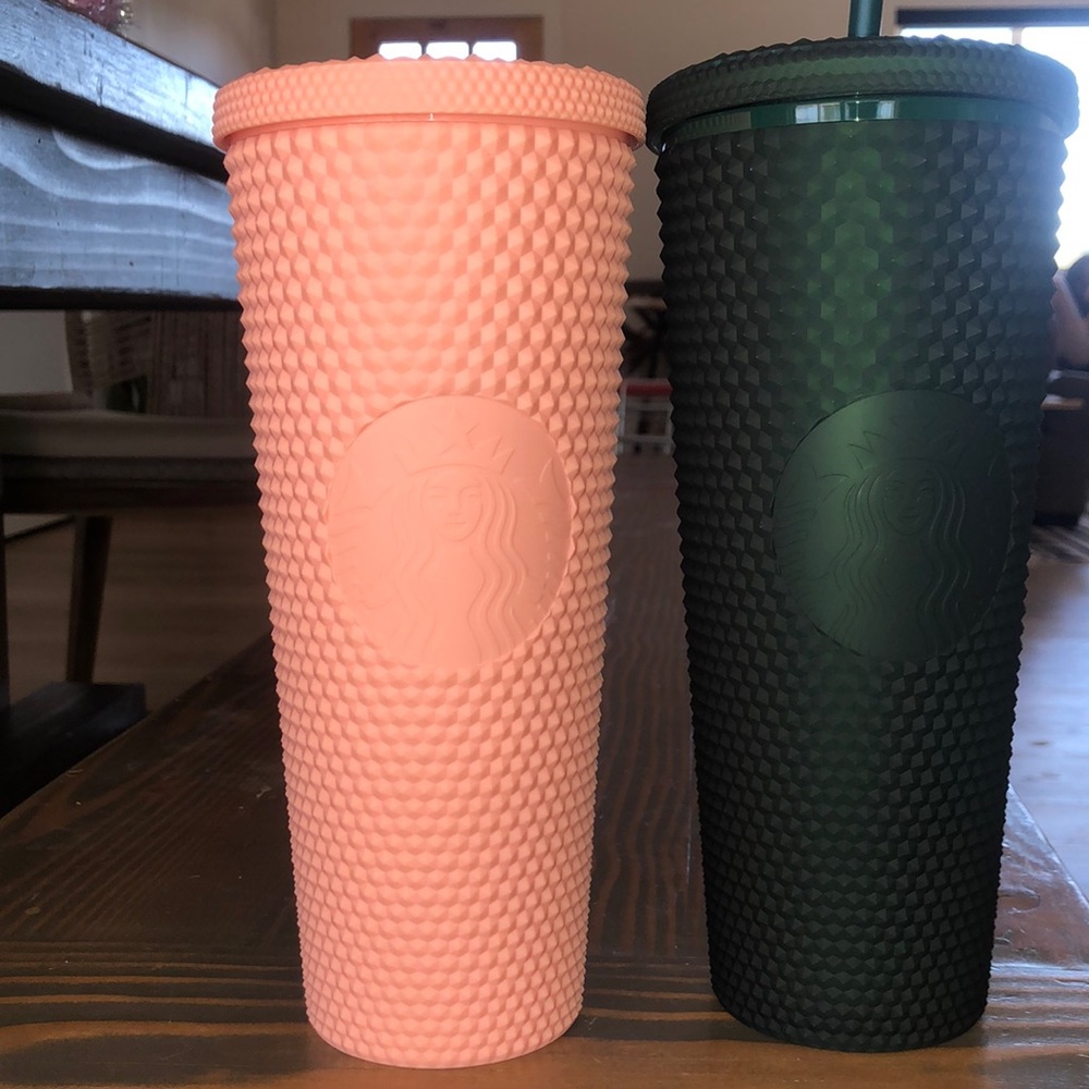 Starbucks studded tumblers pink and dark green